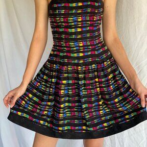 Vintage Rainbow Plaid Silk Strapless Dress.
